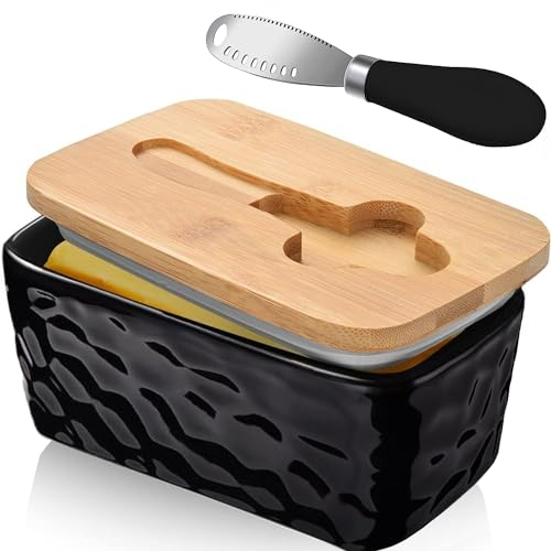Beurier avec Couvercle et Couteau à Beurre, Beurrier en Verre en Porcelaine, Boite Beurre, Boite à Fromage pour Frigo Anti Odeur, Beurrier Ceramique pour Beurrier 250g (Noir)