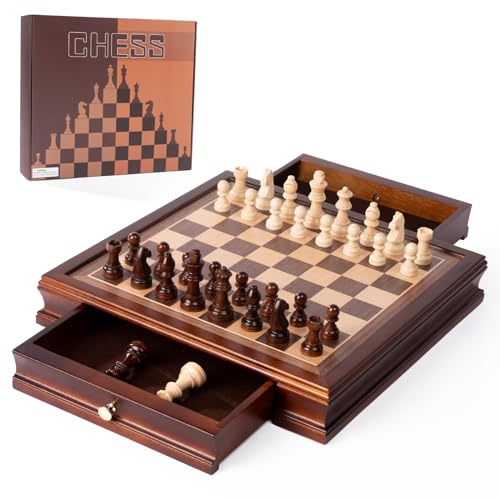 SANCHKEN 12.8 Wooden Magnetic Chess Set Classic Interactive Chess Board Game Set Age 6+ for Adults Chess Board with 2 Built-in Storage Drawers - 2 Extra Queen (brown-a)
