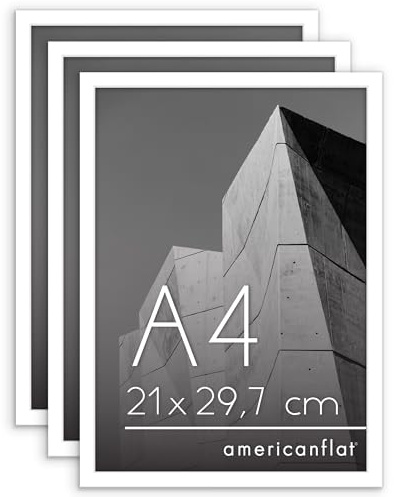 Americanflat Din A4 Bilderrahmen Set (3er Pack) - schmaler Fotorahmen mit bruchsicherer Scheibe - inklusive Ständer und integrierter Aufhängung für Hoch- und Querformat - Weiß