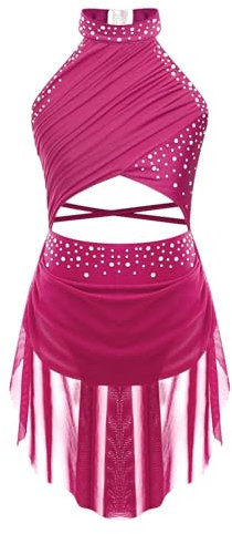YiZYiF Vestito da Balletto Bambina Costume di Danza Senza Maniche Abito da Ballo Lirico Contemporaneo Body da Ginnastica Vestito Pattinaggio Artistico Rosa Caldo 15-16 Anni