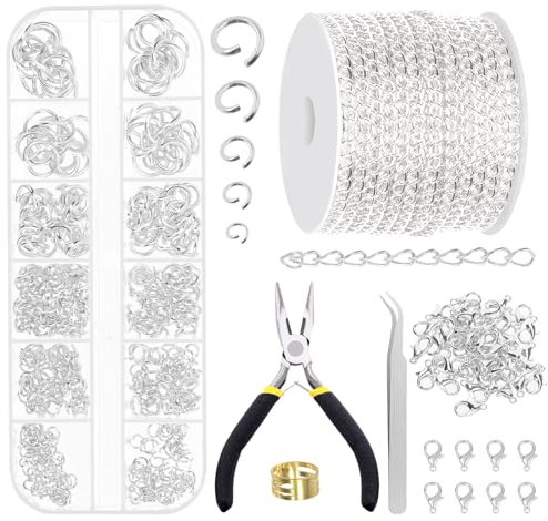 Glarks 504Pcs 30 Feet Jewelry Chains Set, Silver Necklace Chains Unwelded Decorative Chain Link with 400Pcs Jump Rings 100Pcs Lobster Clasps for Bracelet Necklace Jewelry Making