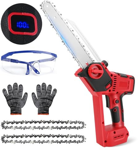 Cordless Chainsaw Compatible with Makita 18V Battery, 6/8 Inch Brushless Digital Display Electric Chainsaw with 2 Chains, Gloves and Goggles for Tree Branches and Garden Cutting (No Battery) (8-inch)