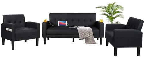 3 Piece Black Faux Leather Mid Century Modern Living Room Sofa Set