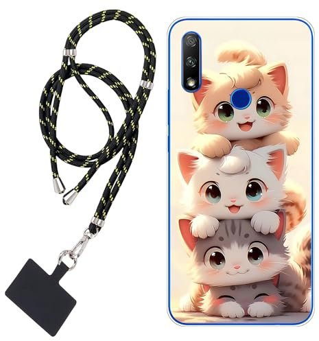 WUACYEAMING Carcasa para Móvil Compatible con Honor 9X Cover Funda Transparente para móvil con Dibujo TPU Gato lindo1*Cordón para Teléfono Ajustable