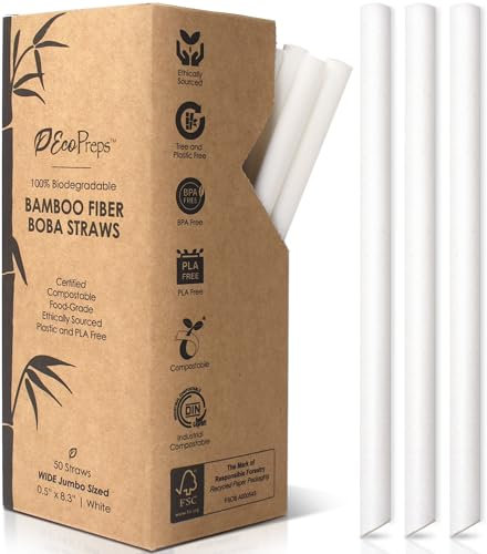 EcoPreps Large Biodegradable Bamboo Fiber Straws, Extra-Wide Boba Straws | 8.3'' Bamboo Disposable Straw, Jumbo Smoothie Straws (50pc, 8-Inch, Extra-Wide Bamboo Fiber Straws)