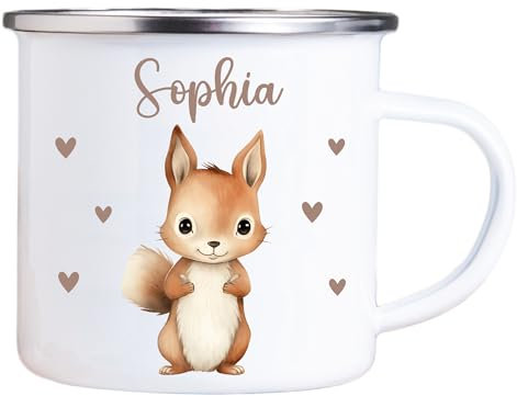 4youDesign Emaille Tasse Kinder personalisiert – Herz Eichhörnchen – Tier Namenstasse – Geschenk für Jungen & Mädchen – Bruchsicher & Leicht – Geschenkidee zur Einschulung & Geburtstag - 300ml
