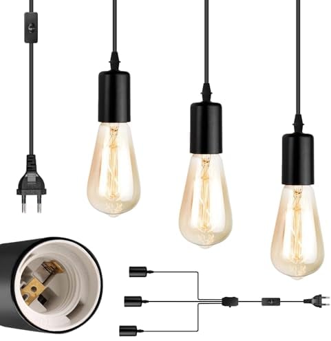Leikurvo Hängelampe mit Stecker, Lampenaufhängung Pendelleuchte Kit mit 3 E27 Lampenfassungen, 3-Flammig Schwarz Lampenfassung mit Kabel für Schlafzimmer Wohnzimmer Küche