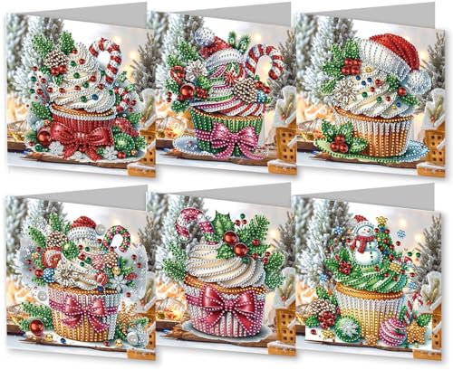 CXINLky 5D DIY Diamond Painting Karten, 2024 Neuheiten Diamond Painting Karten, 6 Stuck Diamond Painting Karten Geburtstag, Geschenkkarte Feiertags für Familie-27-Weihnachts-Cupcakes