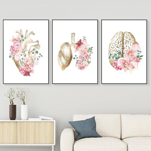 WZXGHE Anatomie Medizin Poster,anatomie Herz Poster Mit Blumen,bilder Herz Lunge Gehirn Arztpraxis Dekoration,Für Krankenhaus Klinik Deko Rahmenlos (C, 3x40x60cm, Ungerahmt)