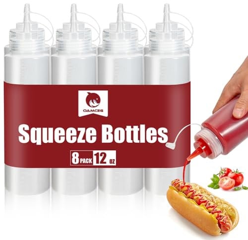 OAMCEG 8 Pack Plastic Squeeze Bottles - 12 OZ Durable Condiment Squeeze Squirt Bottle with Discrete Measurements, for Ketchup, BBQ, Sauces, Syrup, Condiments, Dressings, Arts and Crafts, BPA Free