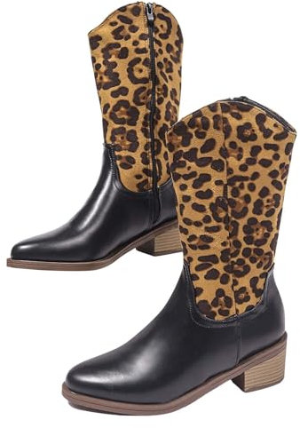 Stivali con stampa leopardata per le donne, Punta rotonda Stivali alti al ginocchio Stivali alti al ginocchio con motivo leopardato Scarpe piatte impermeabili antiscivolo Stivali alla caviglia
