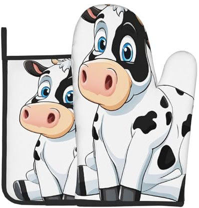 Ofenhandschuhe und Topflappen, Motiv: Cartoon-Milch, Kuh, hitzebeständig, rutschfest, Topflappen, Ofenhandschuhe und Isolierpad für Backen, Kochen, Küche, Grillen, Grillen, Geschenke, 2er-Set