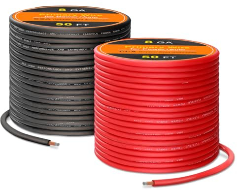 8 Gauge CCA Car Amplifier Wire Cable (50ft Black/Red) – 12V Battery Cable for Automotive Audio Systems, Copper Clad Aluminium CCA Wire, Flexible Silicon Electrical Wiring for Car Trucks Amp