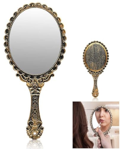 SVUPUE Vintage Handspiegel Bronze, Oval, 11.5 x 25 cm, 1 PCS, Kosmetikspiegel mit Griff, Retro, Dekorativ, Reisen