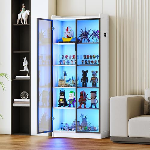 Gurexl 65 Display Cabinet with Acrylic Door, LED Bookcase with Human Sensor 3-Color Lights, 5-Tier Curio Storage Cabinet with Adjustable Shelf for Collectibles,Bedroom,Living Room,Office,White