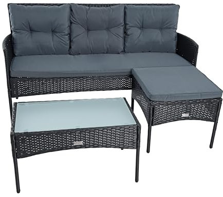 ESTEXO Polyrattan Sitzgruppe Lounge Set Gartenset Rattan Gartenmöbel 3-Sitzer Gartenbank Gartentisch Hocker Schwarz
