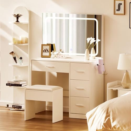 CLIPOP Schminktisch mit LED-Beleuchtung Spiegel, 3 Farben mit Einstellbarer Helligkeit Kosmetiktisch Frisiertisch mit 4 Schubladen, Frisiertisch mit Hocker und Regalen, Modern, Weiß