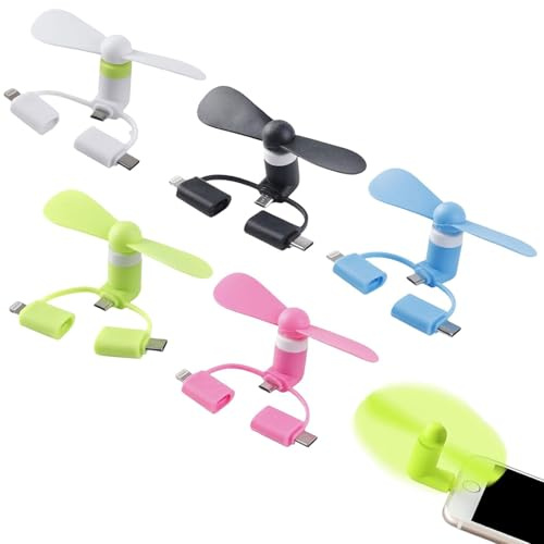 3 In 1 Ventole per Cellulare,Ventole per Telefoni,5 PCS Mini Ventilatore,Ventilatori da Tavolo Silenzioso USB,Ventilatore Portatile 3 In 1,per Telefoni Android/Tipo C