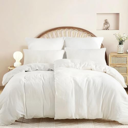 WONGS BEDDING Musselin Bettwäsche 135x200 4 teilig Baumwolle, Bettwäsche-Sets 2er Set Bettbezug mit 2 Kissenbezüge 80x80 cm Knitterlook Weiche Bettbezug Bügelfrei, mit Reißverschluss, Weiß