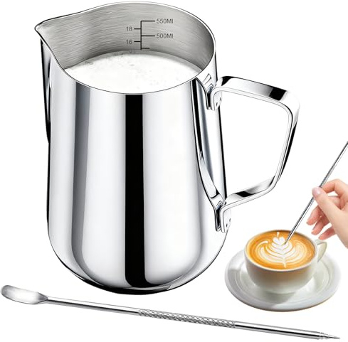 Tbintul Brocca per latte in acciaio inox da 600 ml/20 oz con matita decorativa e scala, caraffa per latte Barista, ideale per espresso, cappuccino, latte, argento