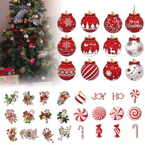 36Pcs Weihnachtskugeln Holz mit Zuckerstangen Set, Weihnachtsdeko Innen Bruchsicher und Wasserdicht Christbaumkugeln Christmas Decorations, Weihnachtsbaum Deko & Christbaumschmuck Draußen,C