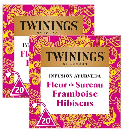 Twinings Infusion Ayurveda Sureau Framboise Hibiscus 40 Sachets (2x20) | Notes florales de fleur de sureau, framboise et hibiscus dans un sachet pyramide, infusion à boire chaude ou froide