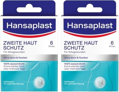 Hansaplast Pflaster Zweite Haut Schutz Regulär (6 Strips), dünnes und flexibles Hydrokolloid-Pflaster mit Heilkapsel-Technologie, wasserdichtes Wundpflaster mit extra starkem Halt für mindestens 72h