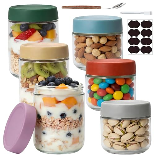 FRKOKRFA Overnight Oats Gläser 6 Stück 300-500 ml Einmachgläser mit Schraubdeckel für Hausgemachte Marmelade, Chutney, Joghurt, Einlegen, Einmachen, Als Mason Jar
