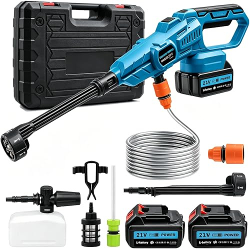 Idropulitrice a Batteria,120 Bar Idropulitrice Portatile con 3 Livelli di Pressione Regolabile,Lavatrice Senza Fili con 2 x 3.0Ah Batterie,6 In 1 Rotante Ugello,Tubo da 5M,per Auto,Giardino,Pavimenti