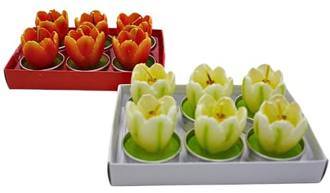 12er Set Teelicht in Form einer Tulpe,Tischkerze, Tulpenkerze, Teelichtkerze als Tulpe, Tulpenmotivkerze, Frühlingskerze, Blumenkerze zweifarbig weiß und orange, Maße je Kerze 4 x 4 x 7 cm.