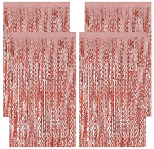 4X Lametta 1m x 2,5m, Tenture à Franges Métalliques, Fond Photo Fête, Décoration Anniversaire Fille, Thème Princesse Licorne, Baby Shower Rose, Sweet 16, Photobooth Brillant Party (Or Rose - Vague)