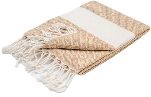 Eternique Art Premium Hamamtuch & Strandtuch 100 x 200 cm (Latte Sand) | 100% türkische Baumwolle mit handgewebten Fransen — Großes schnell trocknendes Strandtuch — Sauna, Pool, Fitnessstudio