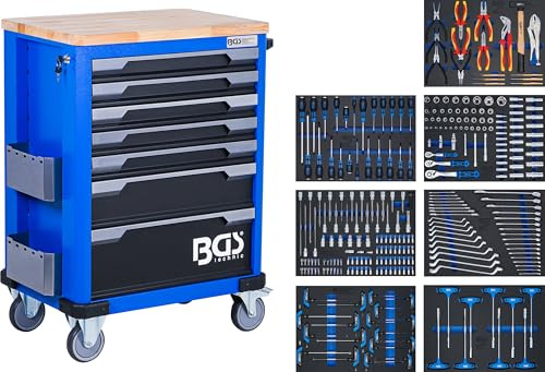BGS 6067 | Bestückter Werkstattwagen | 7 Schubladen | 286 Werkzeuge | 7 Werkstattwageneinlagen 3/3 | Hartschaum | Tragfähigkeit 260 kg | 100 % Schubladenauszug | 30 mm Massivholz-Arbeitsplatte