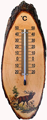 Thermometer Hirsch ca.34 cm. Außen- und Innenthermometer aus Erle mit Rinde.