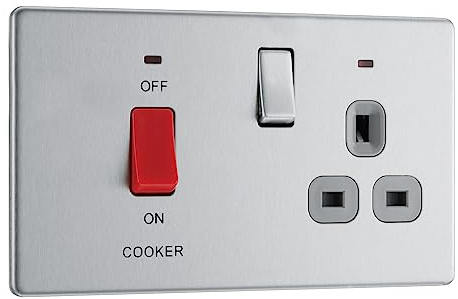 BG Electrical Cooker Switch with Socket and LED, Cooker Control Unit, Control Socket, Double Pole, Screwless Front Plate, Slim Profile, Premium Flatplate, Brushed Steel, Grey Inserts, 45A, FBS70G