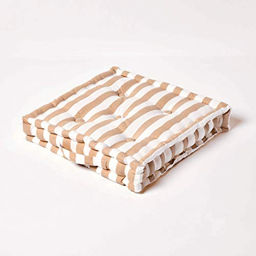 Homescapes dekoratives Sitzkissen Stuhlkissen Sitzerhöhung Stuhlauflage Stripes 100% Reine Baumwolle mit Polyester Füllung (40 x 40 cm, Beige)