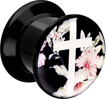 PIERCINGLINE Acryl Plug schwarz | KREUZ BLÜTEN MOTIV | Piercing Ohr Tunnel | Größenauswahl