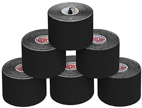 ALPIDEX Kinesiologie Tape 1/3/ 6/12 Rollen Viele Farben 5 m x 5 cm Anwendungsbroschüre Elastisch Wasserfest Hautfreundlich Physio Muskel Tape Set, Farbe:schwarz, Menge:6 Rollen