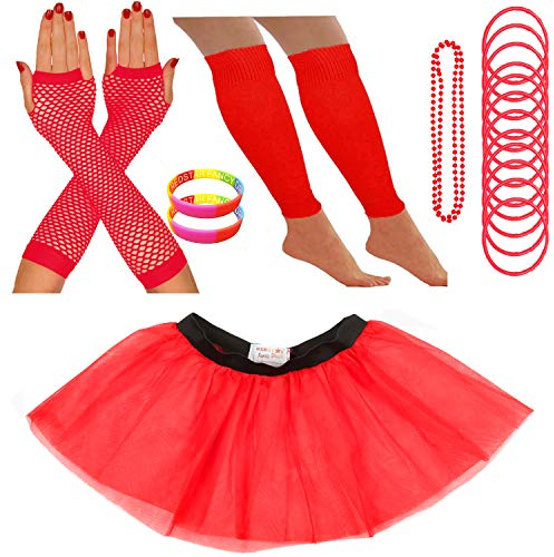 REDSTAR FANCY DRESS Neon Tutu Skirt Leg Warmers Fishnet Gloves Necklace Beads Gummy Bracelets and Neon Wrist Beads (8-12 UK, Red)