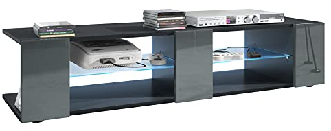 Vladon Lowboard Movie V2, TV-Kommode mit 6 offenen Fächern und Zierleisten, Schwarz matt/Grau Hochglanz, inkl. LED-Beleuchtung blau (134 x 29 x 39 cm)
