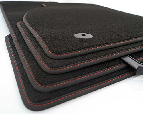 Fußmatten kompatibel mit Opel Astra J (Ziernaht Rot) Velours Automatten Premium Autoteppich Set, 4-teilig, Schwarz, Original klick Befestigung
