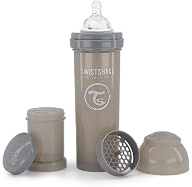 Twistshake Anti-Kolik Babyflasche mit Milchpulverbehälter und Mixer - 330 ml | Brustähnliche Brustwarze aus Silikon mit schnellem Durchfluss | BPA-freie | Geeignet für Babys ab 4 Monaten | Grau