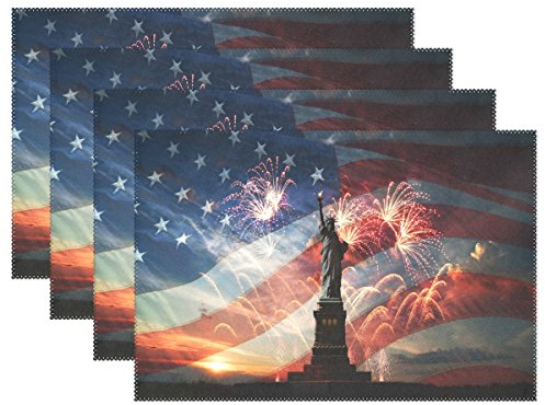 ALAZA Tischsets mit USA-Flagge mit Freiheitsstatue und Feuerwerk, waschbar, Tischmatte für Küche, Esstisch, 30,5 x 45,7 cm, 6 Stück