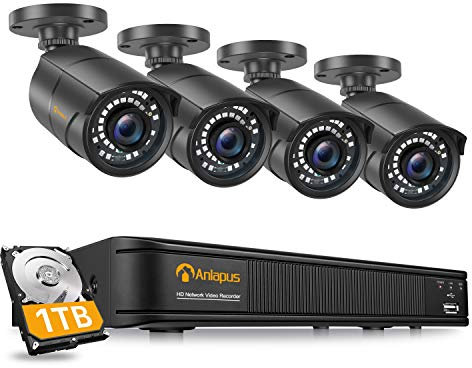 Anlapus 1080P POE Überwachungskamera Set mit 1TB Festplatte 8CH POE NVR Plus 4 Außen IP Kamera 30M IR Nachtsicht für Haus Überwachung
