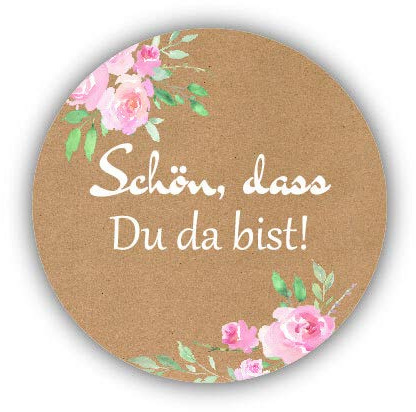 40 Stück Sticker Aufkleber SCHÖN, DASS DU DA BIST braun mit Vintage Blumen-Muster Zubehör Gastgeschenke Hochzeit Hochzeitsmarmelade Selbstgemachtes Geburtstag Taufe Konfirmation & Kommunion Tisch-Deko
