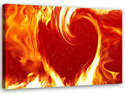 Feeby Bilder Rote Herz Feuer XXL 120x80 cm 1Teilig Wohnzimmer Schlafzimmer Wandbilder Leinwandbilder Bild auf Leinwand Wanddekoration Modern Kunstdruck Design Orange