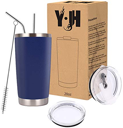 Y·J&H 20oz (550ml) Travel Tumbler Double Wall Vacuum Insulated Coffee Mug Stainless Steel Coffee Cup with 2 Splash Proof Lid, 2 Straws & Free Cleaning Brush, BPA Free - Navy Blue
