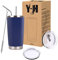 Y·J&H 20oz (550ml) Gobelet de voyage Tasse à café à paroi double isolée sous vide acier inoxydable,avec 2 couvercles anti-éclaboussures, 2 pailles et brosse de canalisation, sans BPA - Bleu Marin