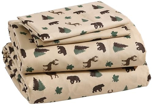 Cozy Cabin 4-teiliges Mikrofaser-Bettwäscheset, Queen-Size, Braun/Beige | Rustikales Design aus 100 % Polyester-Mikrofaser mit 35,6 cm tiefem Spannbetttuch