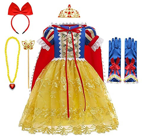 FMYFWY Niñas Vestidos de Blancanieves con Capa Disfraz de Carnaval Princesa Cumpleaños Traje de Halloween Navidad Fiesta de Cosplay Ceremonia Aniversario Bautizo Comunión Boda + Accesorios 6-7